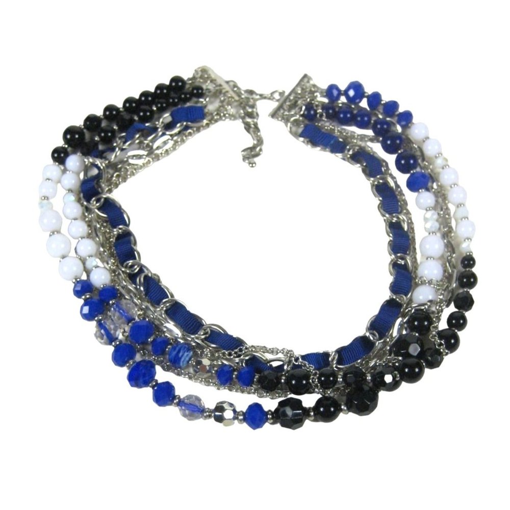 Silvertone Chain Necklace 20 Inch Beaded Ribbon Multi Strand Fashion Jewelry